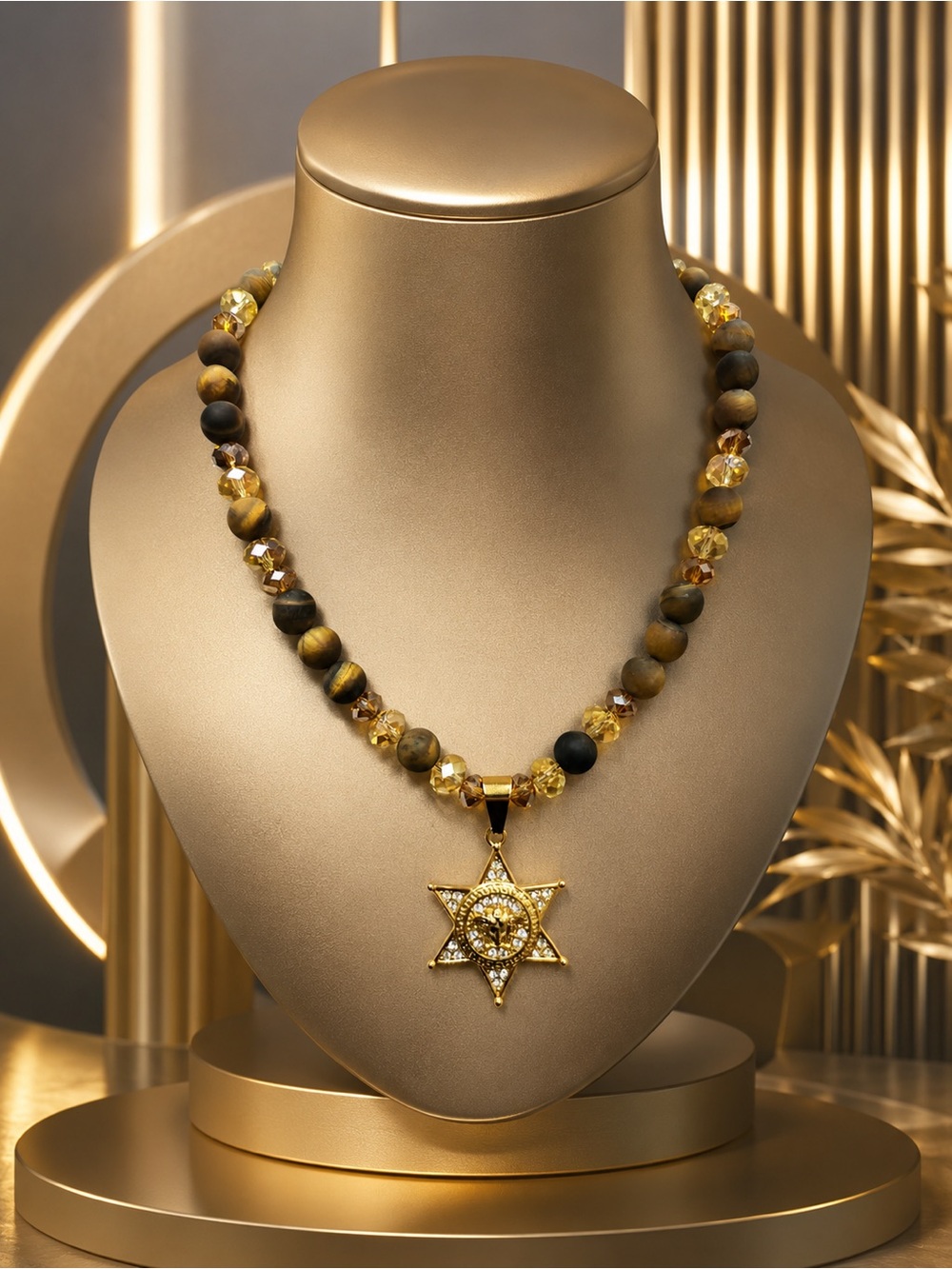 🆕Gold-Tone Star of David Semi Precious Pendant Beaded Necklace - Brown/Gold